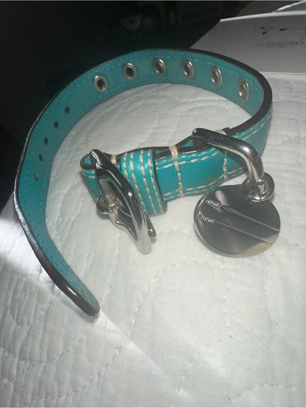 Coach XS Teal Leather Dog Collar with Silver Hardware